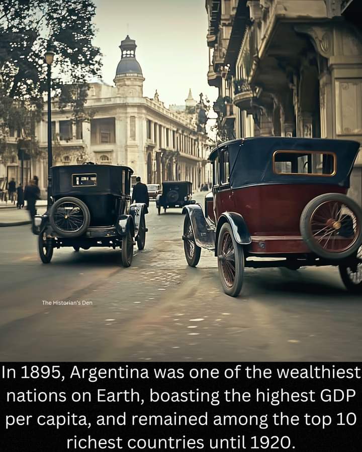 In 1895, Argentina stood as one of the world’s wealthiest nations, enjoying the highest GDP per capita at the time. This prosperity was driven by the country’s vast agricultural resources, particularly its fertile pampas, which made Argentina a leading exporter of beef, wheat, and other commodities. European immigrants flocked to Argentina, attracted by its economic opportunities