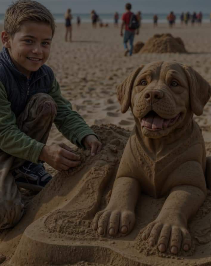 The boy made a dog out of ordinary sand, I hope you like it