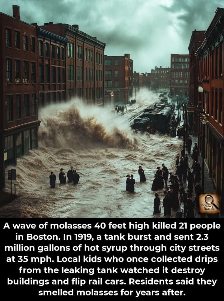 The Great Molasses Flood, January 15, 1919, was no ordinary industrial accident. A massive tank in Boston’s North End burst, sending 2.3 million gallons of molasses crashing through the streets at 35 mph. 🌊